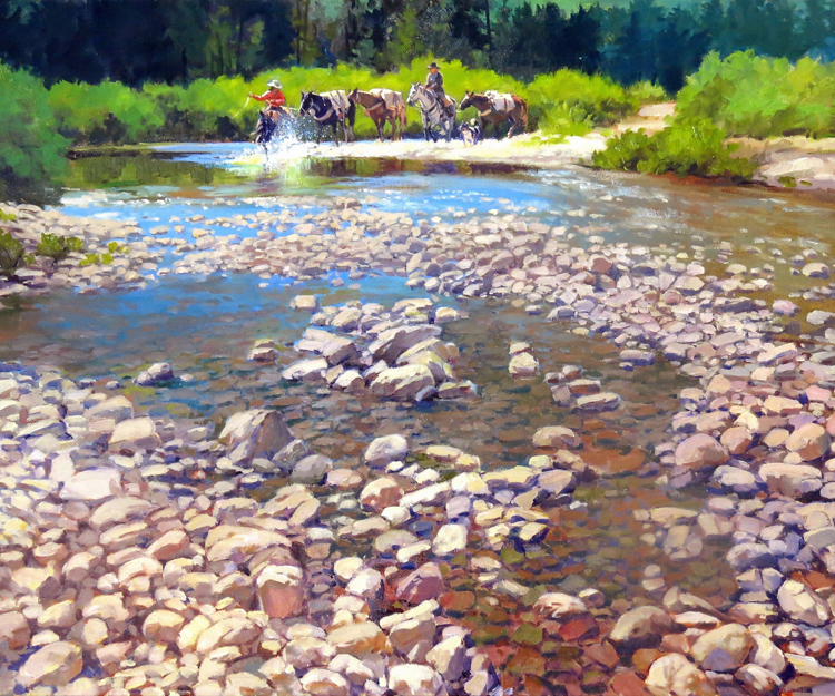 Fording Goose Creek, painting measures 22ins x 28 ins, Oil on canvas framed, price $4000.